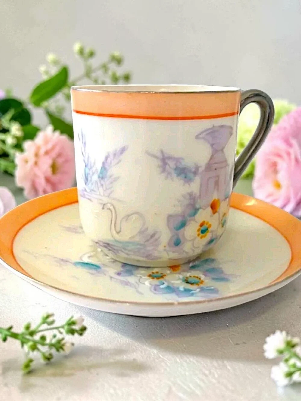 Lustreware Demitasse Espresso‎ Cup Saucer Hotta Yu Shoten Moriage Swans Floral.